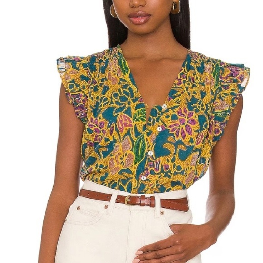 Cleobella Chloe Floral Flutter Sleeve Button Down Cotton Blouse Teal Yellow M